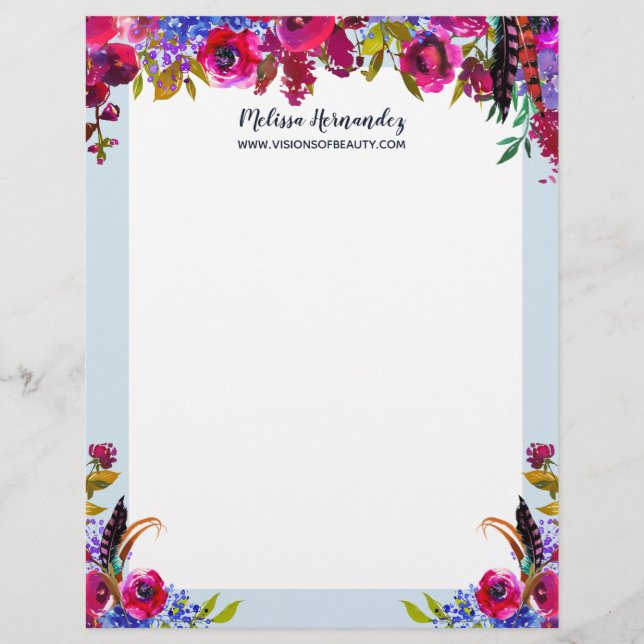 Bohemian Burgundy Light Blue  Floral Modern Trendy Custom Letterhead (Front)