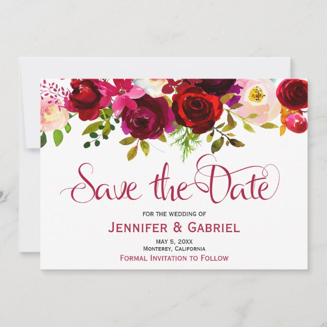 Bohemian Burgundy Marsala Floral Save the Date (Front)