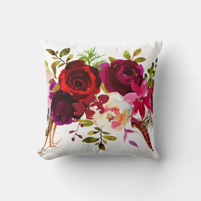 Bohemian Burgundy Marsala Red White Pink Floral Cushion (Front)