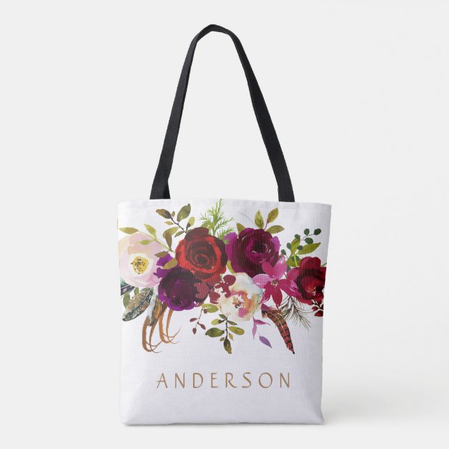 Bohemian Burgundy Marsala Watercolor Floral Tote Bag (Back)