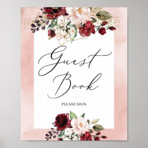 Bohemian burgundy pink gold floral guest book sign