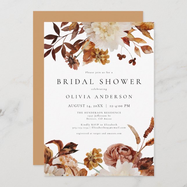 Bohemian Burnt Orange Fall Floral Bridal Shower Invitation (Front/Back)