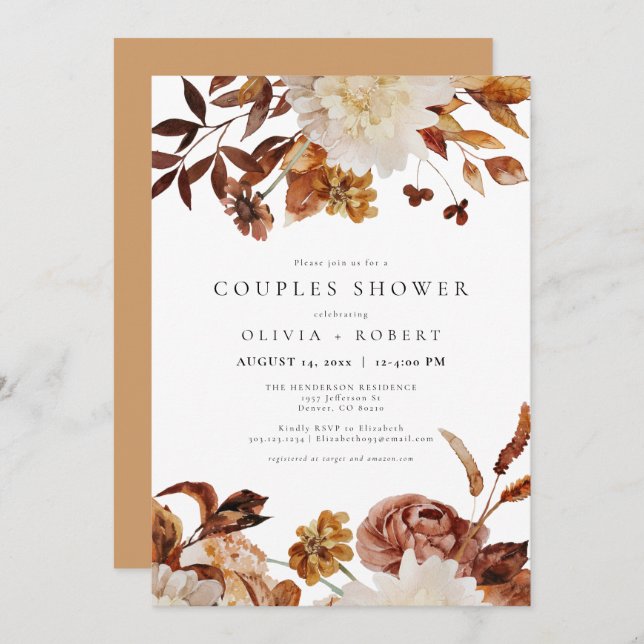 Bohemian Burnt Orange Fall Floral Couples Shower Invitation (Front/Back)