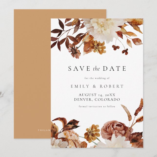 Bohemian Burnt Orange Fall Floral Save the Date Invitation (Front/Back)