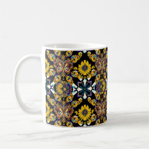 Bohemian butterfly and sunflower pattern on black coffee mug