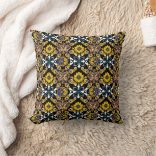 Bohemian butterfly and sunflower pattern on black cushion