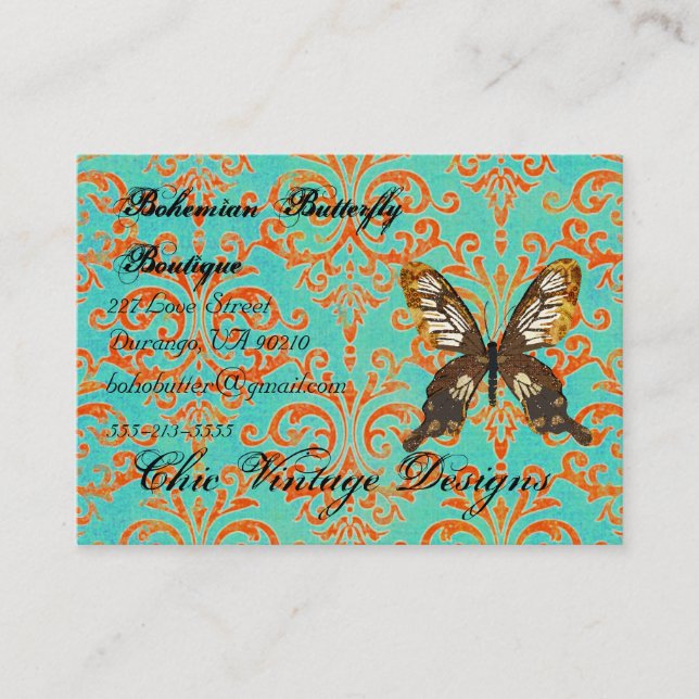 Bohemian Butterfly Boutique Turqoise & Orange Dama Business Card (Front)