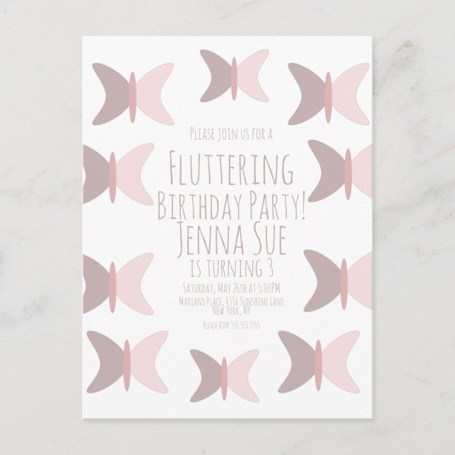 Bohemian Butterfly Pastel Pink Birthday Invitation Postcard (Front)