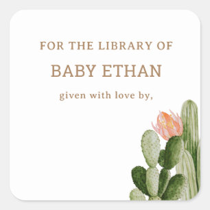 Bohemian Cactus Baby Shower Book Library Square Sticker