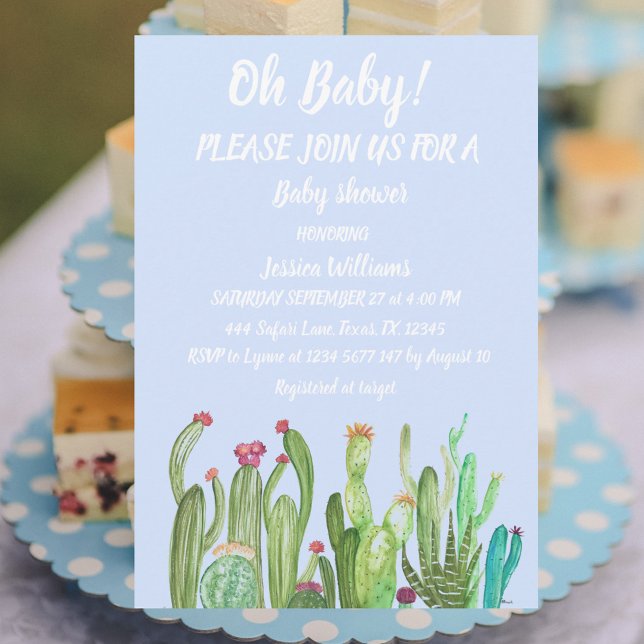 Bohemian Cactus Blue Boy Girl Watercolor Baby  Invitation (Creator Uploaded)