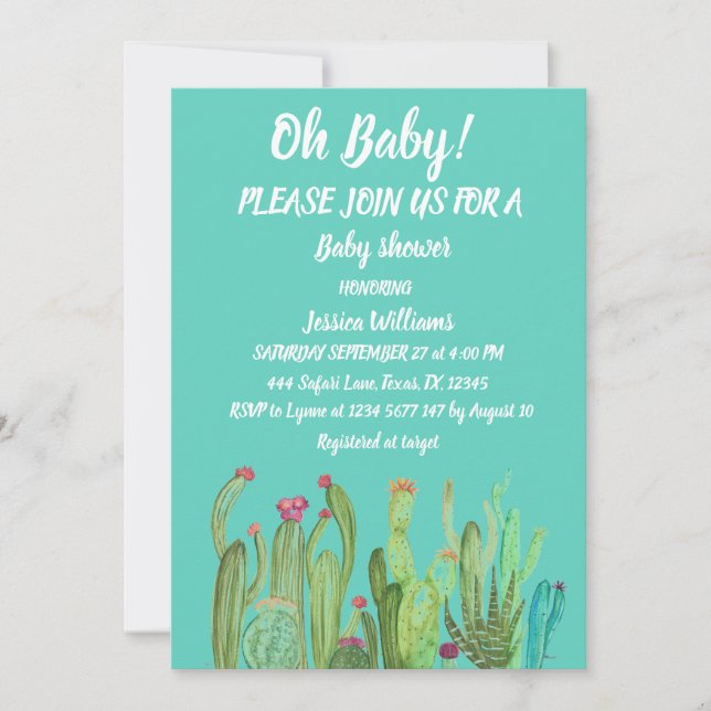Bohemian Cactus Green Boy Girl Watercolor Baby  Invitation (Front)