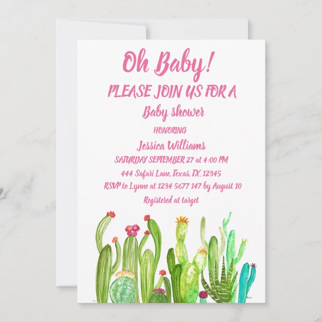 Bohemian Cactus Pink Boy Girl Watercolor Baby Invitation (Front)