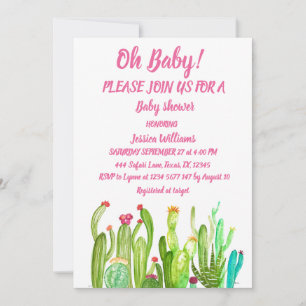 Bohemian Cactus Pink Boy Girl Watercolor Baby Invitation
