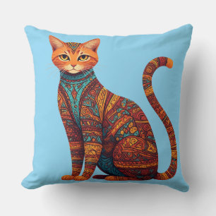 Bohemian Cat Art Colourful Tribal Cat Cushion