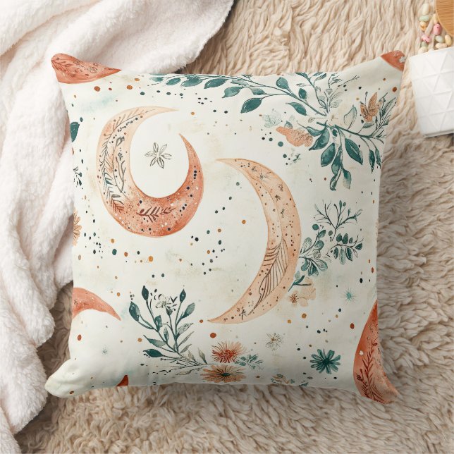Bohemian Celestial Crescent Moon Botanical Cushion (Blanket)