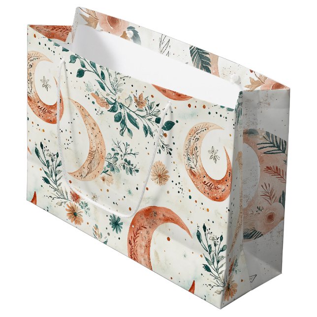 Bohemian Celestial Crescent Moon Botanical Large Gift Bag (Front Angled)