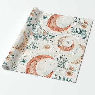 Bohemian Celestial Crescent Moon Botanical Wrapping Paper