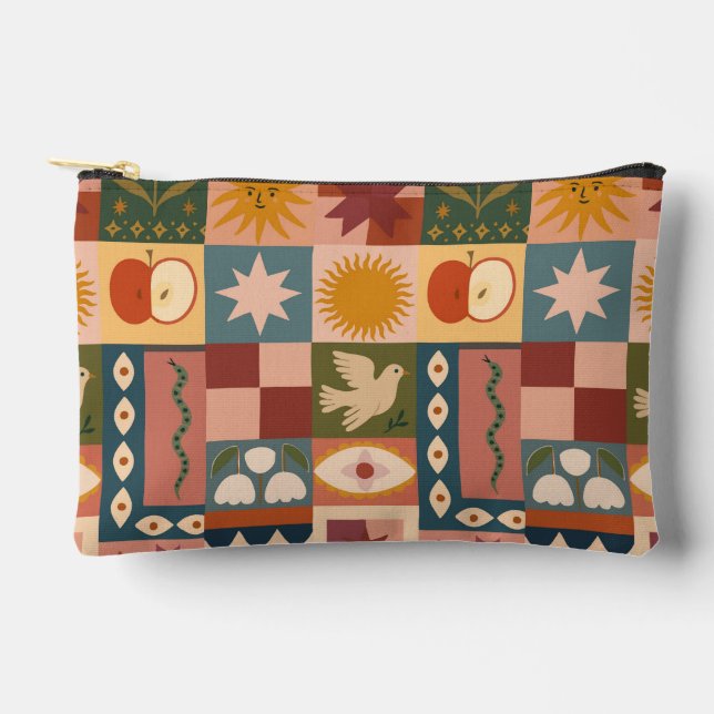 Bohemian Celestial Patchwork with Mystical Symbols Accessory Pouch (Front)