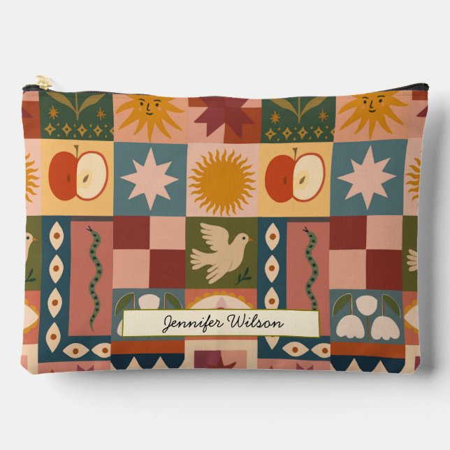 Bohemian Celestial Patchwork with Mystical Symbols Accessory Pouch (Front)