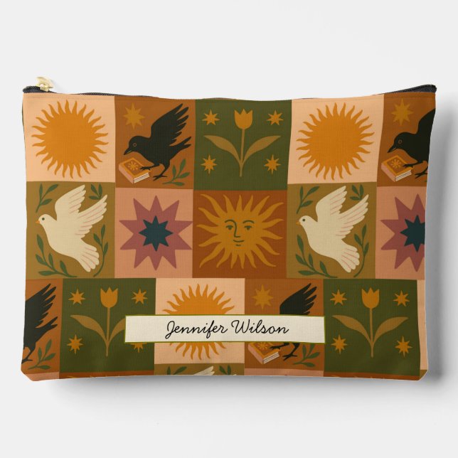 Bohemian Celestial Patchwork with Mystical Symbols Accessory Pouch (Front)