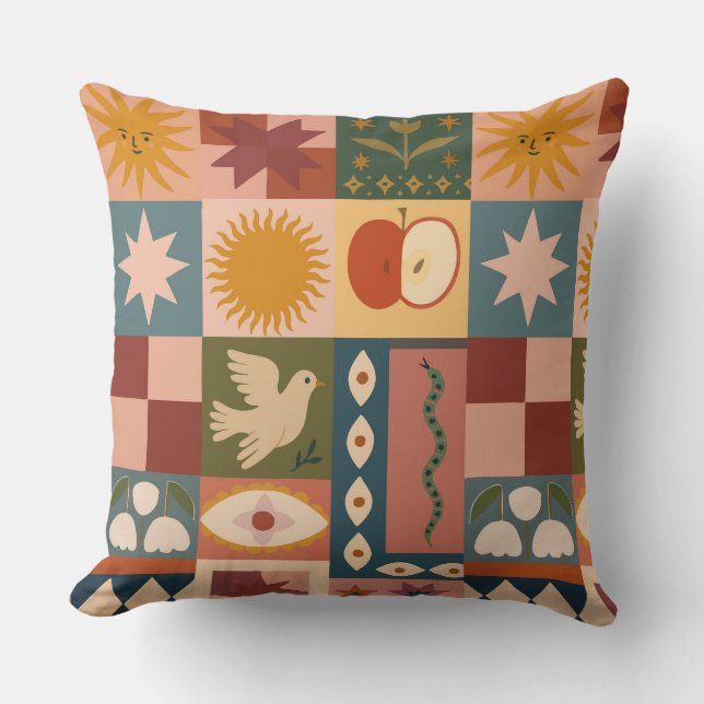 Bohemian Celestial Patchwork with Mystical Symbols Cushion (Front)