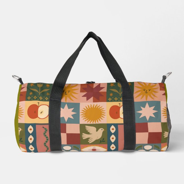 Bohemian Celestial Patchwork with Mystical Symbols Duffle Bag (Front)