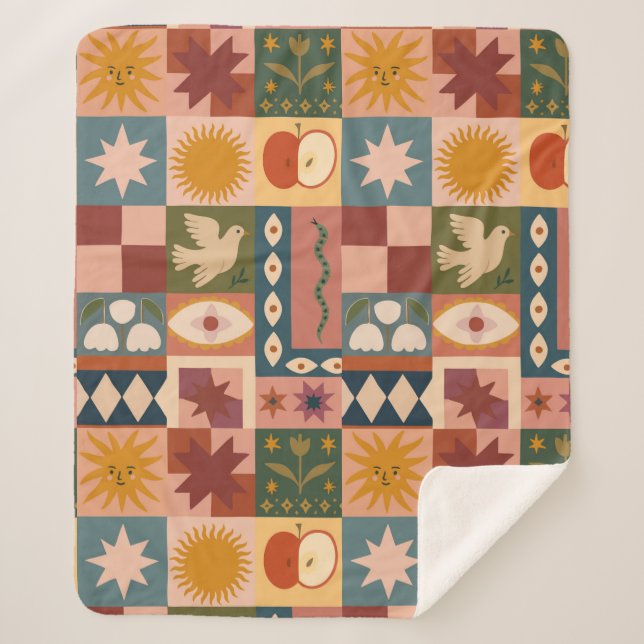 Bohemian Celestial Patchwork with Mystical Symbols Sherpa Blanket (Front)