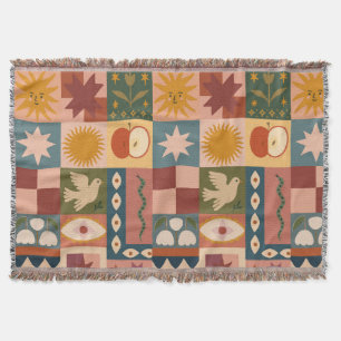 Bohemian Celestial Patchwork with Mystical Symbols Throw Blanket