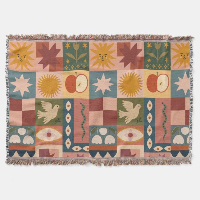 Bohemian Celestial Patchwork with Mystical Symbols Throw Blanket (Front)