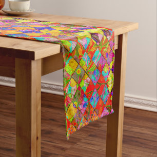 Bohemian checkered floral short table runner