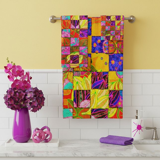 Bohemian chequered floral bath towel set (Creator Uploaded)