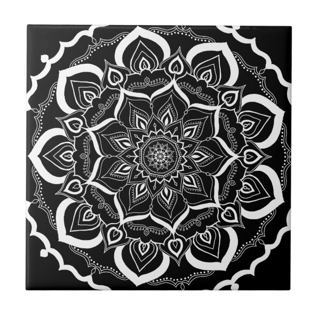 Bohemian Chic Black Henna Mehendi Mandala Pattern Tile (Front)
