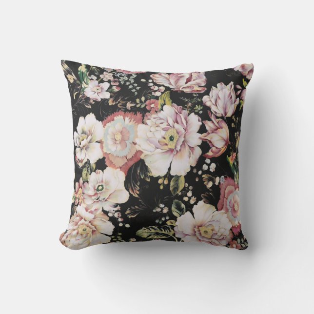 bohemian chic blush pink flowers dark floral cushion (Front)