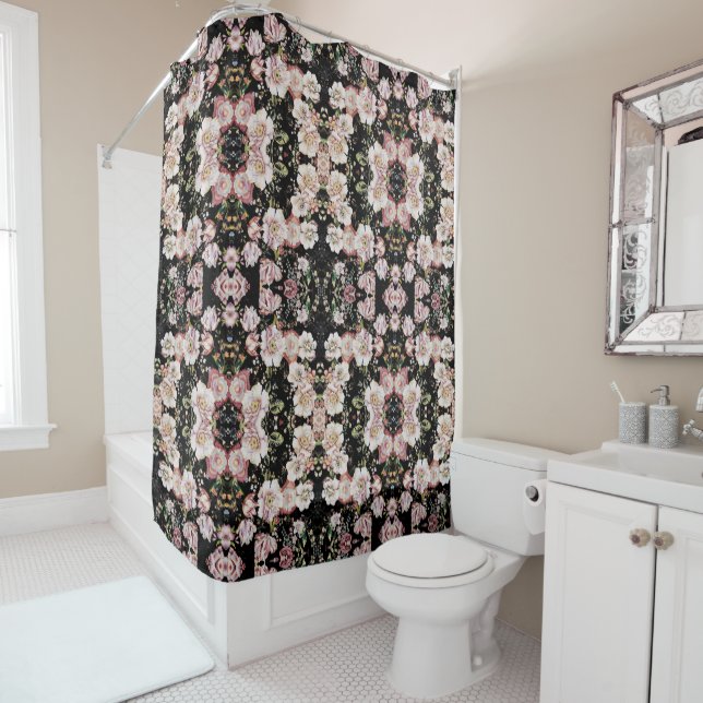 bohemian chic blush pink flowers dark floral shower curtain (In Situ)