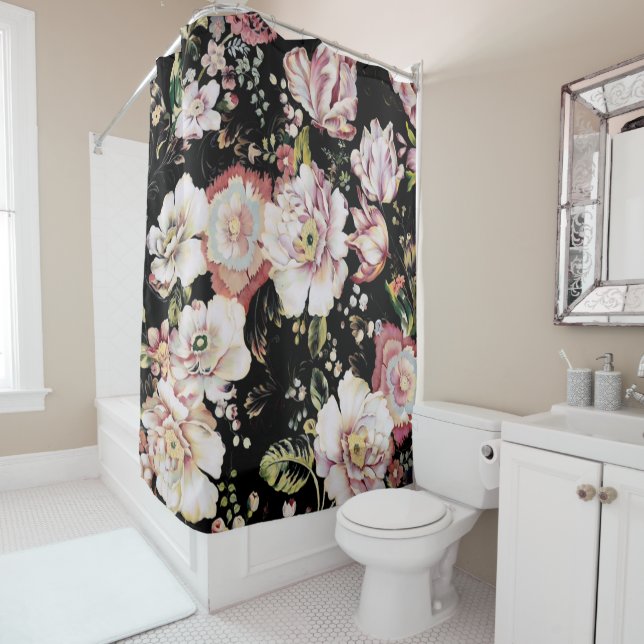 bohemian chic blush pink flowers dark floral shower curtain (In Situ)