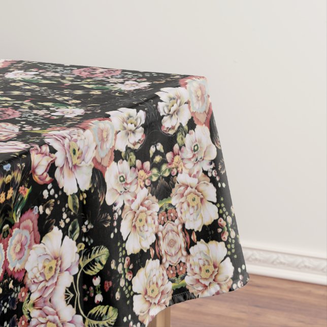 bohemian chic blush pink flowers dark floral tablecloth (In Situ)