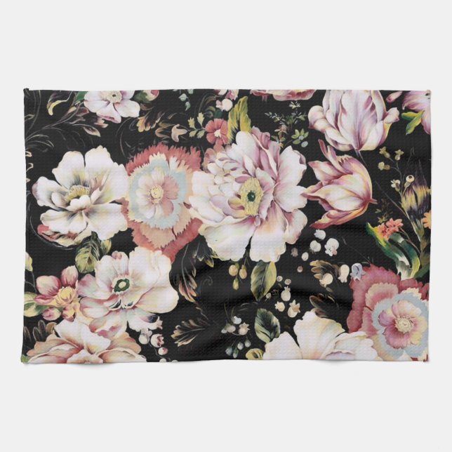 bohemian chic blush pink flowers dark floral tea towel (Horizontal)