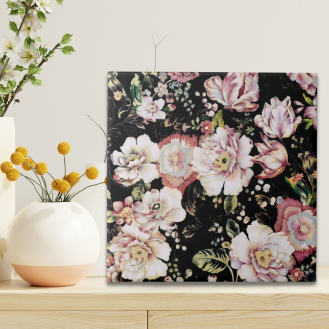 bohemian chic blush pink flowers dark floral tile (bohemian chic blush pink flowers dark floral ceramic tile)