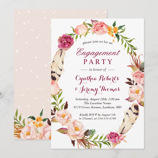 Bohemian Chic Boho Floral Wreath Engagement Party Invitation (Front/Back)