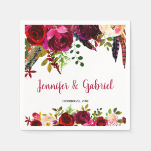 Bohemian Chic Burgundy Marsala Floral Wedding Napkin