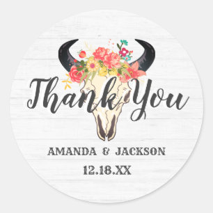 Bohemian Chic Cow Skull Floral Wedding Thank You Classic Round Sticker