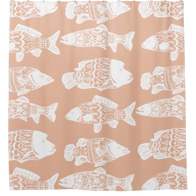 Bohemian Chic Floral Patterned Fish Peach Shower Curtain (Front)