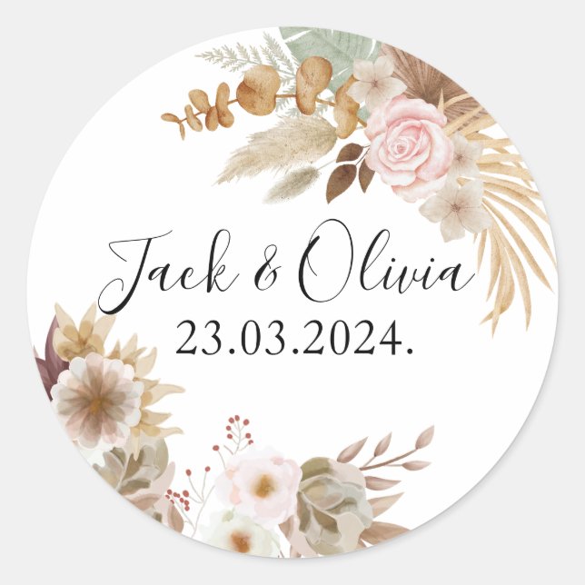  Bohemian Chic  floral Wedding  Classic Round Sticker (Front)