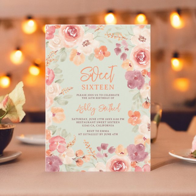 Bohemian chic orange painted fall Sweet 16 Invitation (Bohemian chic orange painted fall Sweet 16 Invitation on sage green)