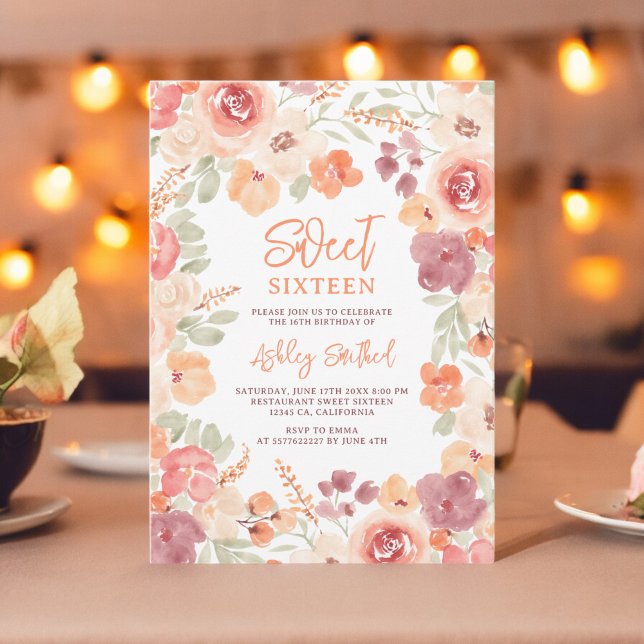 Bohemian chic orange painted fall Sweet 16 Invitation (Bohemian chic orange painted fall Sweet 16 Invitation on white)