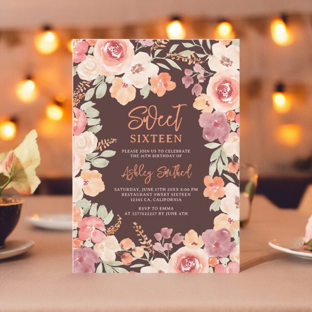 Bohemian chic orange painted fall Sweet 16 Invitation (Bohemian chic orange painted fall Sweet 16 Invitation on burgundy)