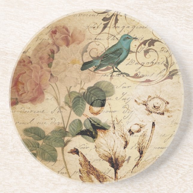 Bohemian chic  Paris Scripts bird french botanical Coaster (Front)