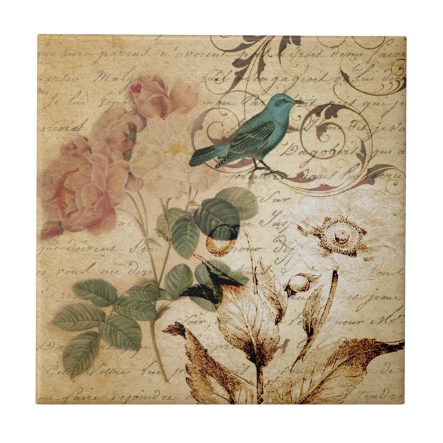 Bohemian chic  Paris Scripts bird french botanical Tile (Front)