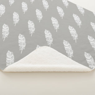 Bohemian Chic White Tribal Feathers & Grey Sherpa Blanket
