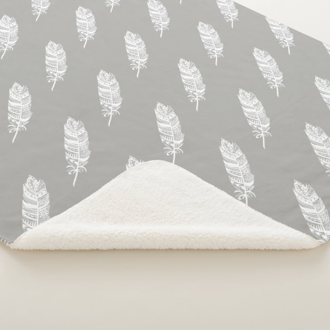 Bohemian Chic White Tribal Feathers & Grey Sherpa Blanket (3/4)